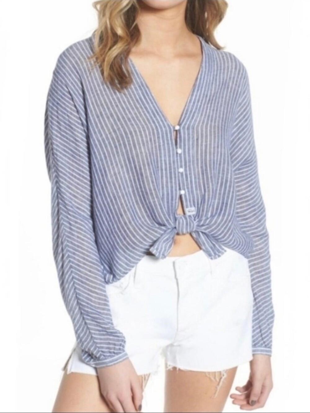 RAILS Sloane Azure Striped Blue Tie-Front Button Up V-Neck Blouse Sz Medium - Picture 1 of 10